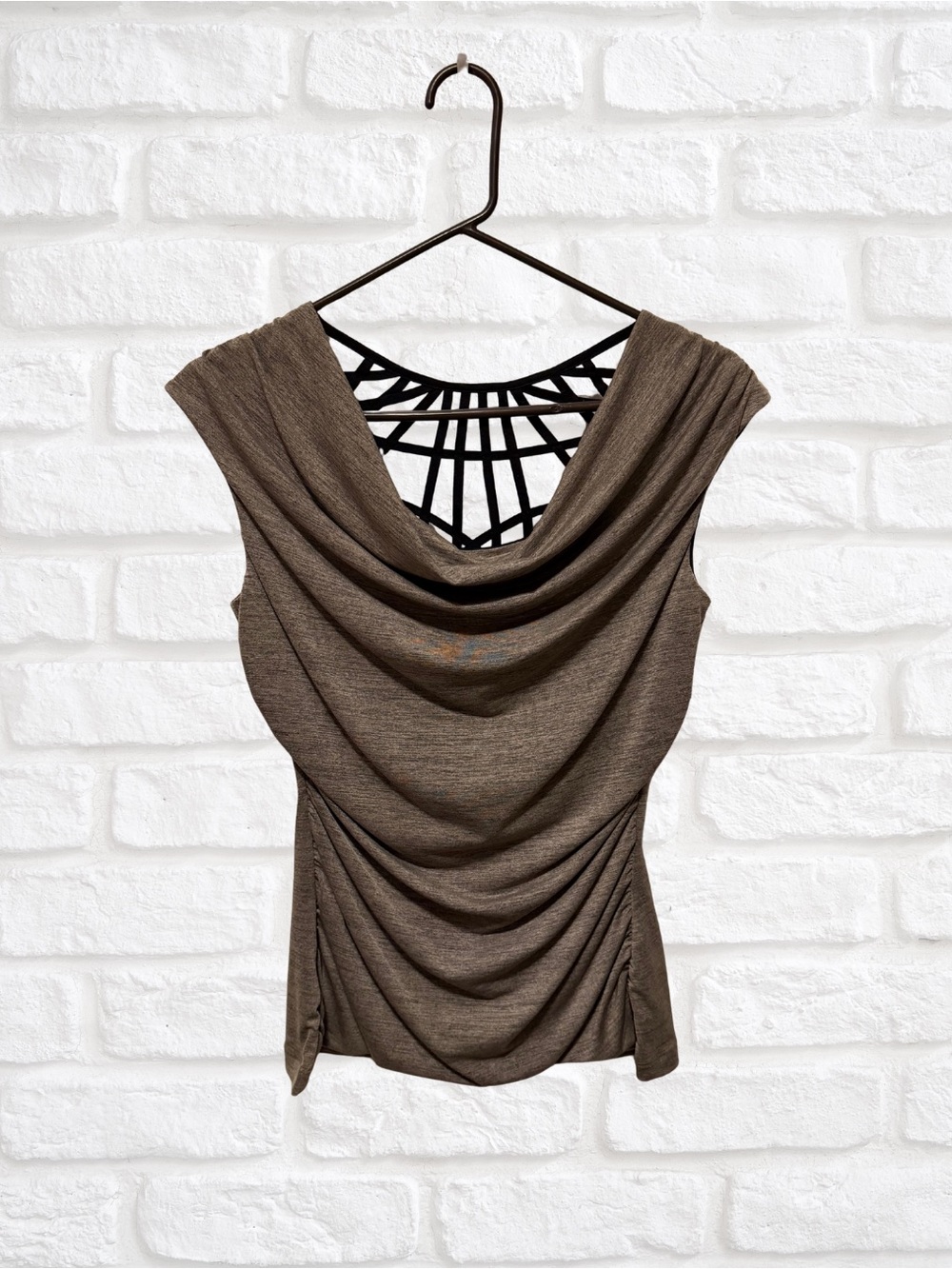 BCX Taupe Draped Cowl Neck Sleeveless Top with Decorative Back